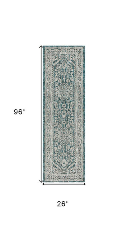 8' Teal Blue And Gray Medallion Indoor Outdoor Runner Rug HomeRoots