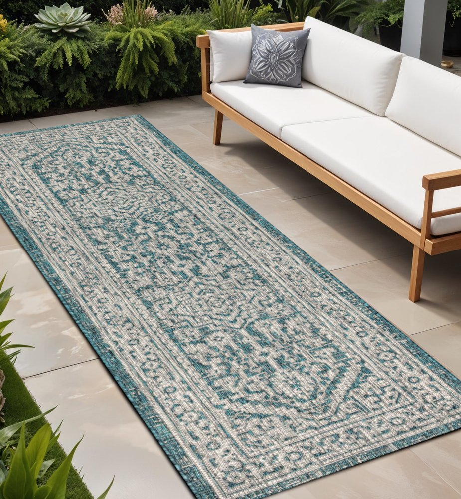 8' Teal Blue And Gray Medallion Indoor Outdoor Runner Rug HomeRoots