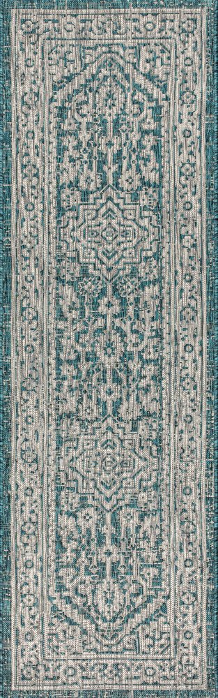 8' Teal Blue And Gray Medallion Indoor Outdoor Runner Rug HomeRoots