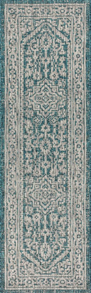 8' Teal Blue And Gray Medallion Indoor Outdoor Runner Rug HomeRoots