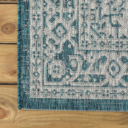 8' Teal Blue And Gray Medallion Indoor Outdoor Runner Rug HomeRoots