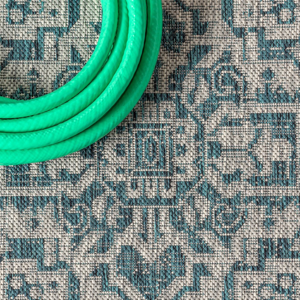 8' Teal Blue And Gray Medallion Indoor Outdoor Runner Rug HomeRoots