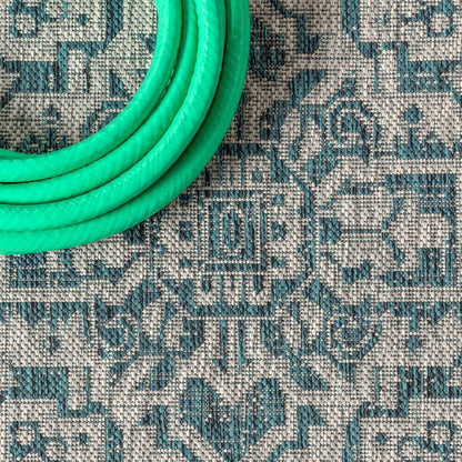 8' Teal Blue And Gray Medallion Indoor Outdoor Runner Rug HomeRoots