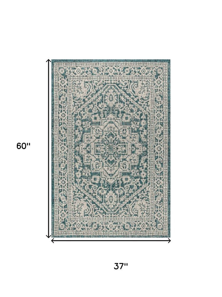 3' X 5' Teal Blue And Gray Medallion Indoor Outdoor Area Rug HomeRoots