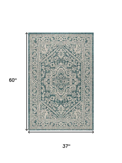 3' X 5' Teal Blue And Gray Medallion Indoor Outdoor Area Rug HomeRoots
