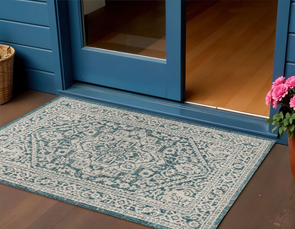 3' X 5' Teal Blue And Gray Medallion Indoor Outdoor Area Rug HomeRoots