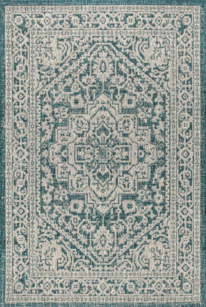 3' X 5' Teal Blue And Gray Medallion Indoor Outdoor Area Rug HomeRoots
