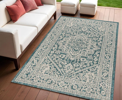 4' X 6' Teal Blue And Gray Medallion Indoor Outdoor Area Rug HomeRoots