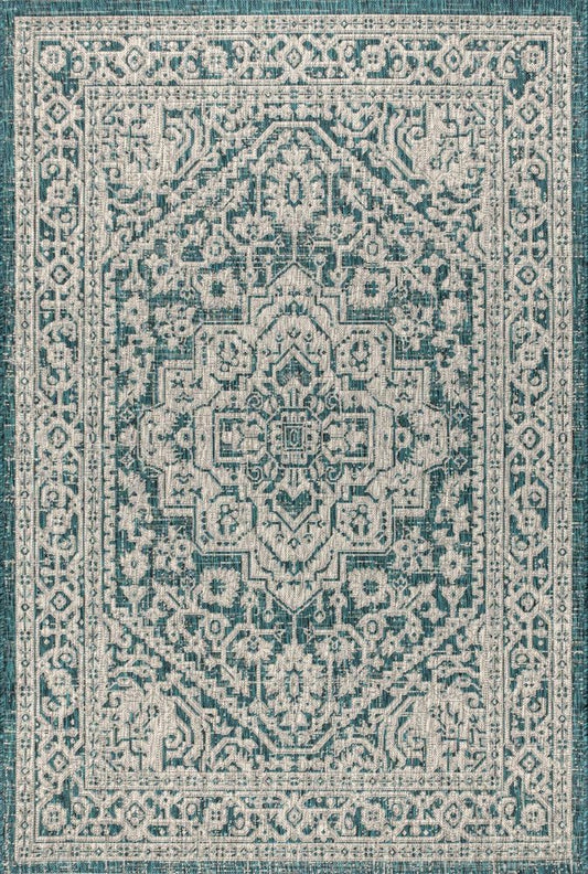 4' X 6' Teal Blue And Gray Medallion Indoor Outdoor Area Rug