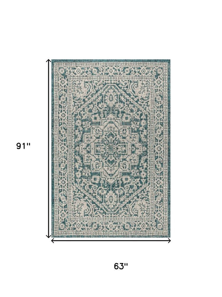5' X 8' Teal Blue And Gray Medallion Indoor Outdoor Area Rug HomeRoots