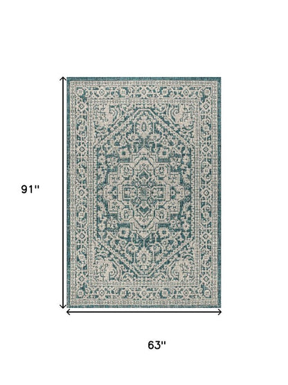 5' X 8' Teal Blue And Gray Medallion Indoor Outdoor Area Rug HomeRoots