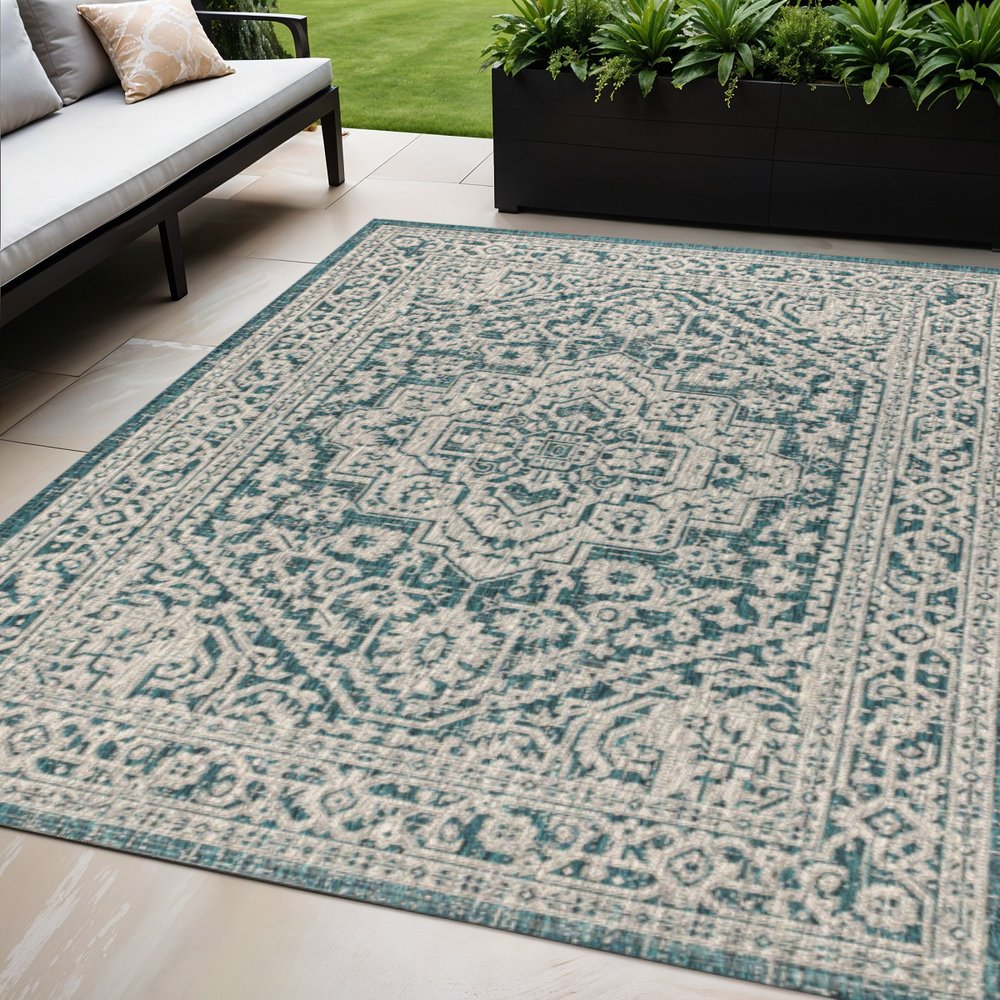 5' X 8' Teal Blue And Gray Medallion Indoor Outdoor Area Rug HomeRoots