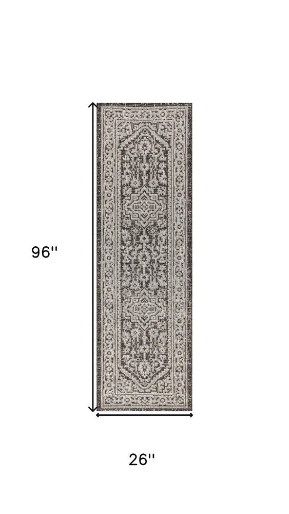 8' Gray And Black Medallion Indoor Outdoor Runner Rug HomeRoots