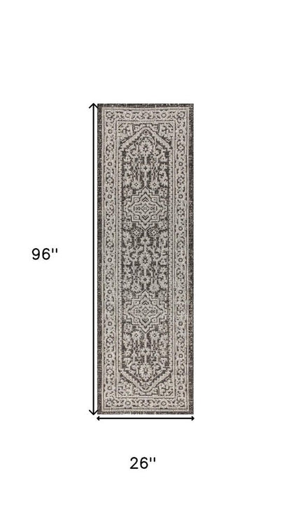 8' Gray And Black Medallion Indoor Outdoor Runner Rug HomeRoots