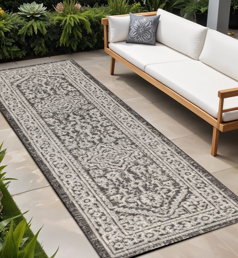 8' Gray And Black Medallion Indoor Outdoor Runner Rug HomeRoots