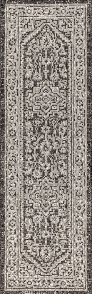 8' Gray And Black Medallion Indoor Outdoor Runner Rug HomeRoots