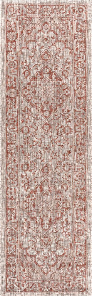 8' Red And Taupe Medallion Indoor Outdoor Runner Rug HomeRoots
