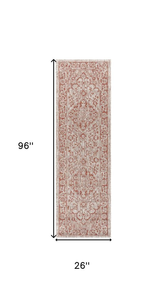 8' Red And Taupe Medallion Indoor Outdoor Runner Rug HomeRoots