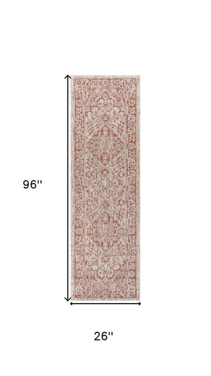 8' Red And Taupe Medallion Indoor Outdoor Runner Rug HomeRoots