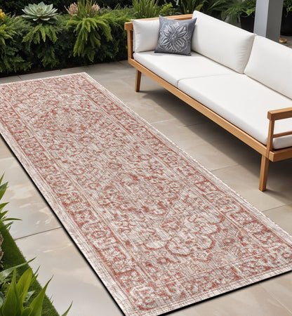 8' Red And Taupe Medallion Indoor Outdoor Runner Rug HomeRoots