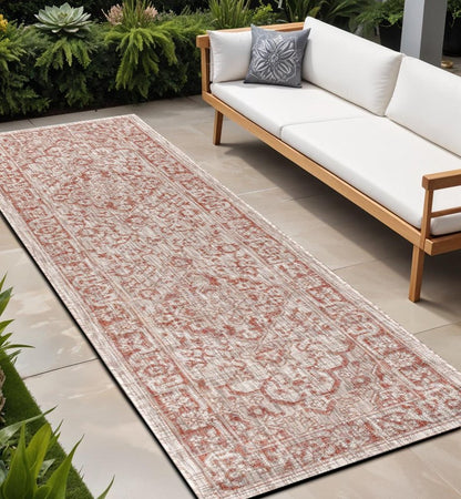 8' Red And Taupe Medallion Indoor Outdoor Runner Rug HomeRoots