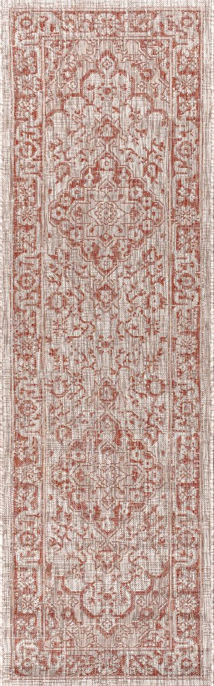 8' Red And Taupe Medallion Indoor Outdoor Runner Rug HomeRoots