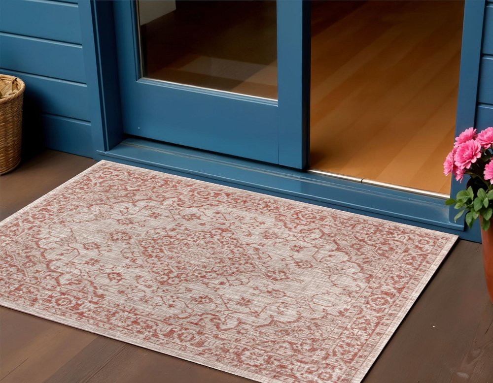 3' X 5' Red And Taupe Medallion Indoor Outdoor Area Rug HomeRoots