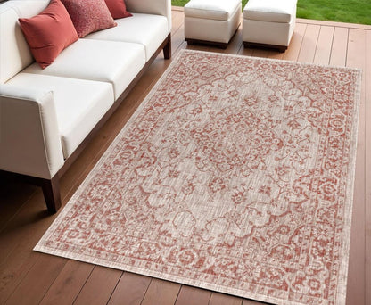 4' X 6' Red And Taupe Medallion Indoor Outdoor Area Rug HomeRoots