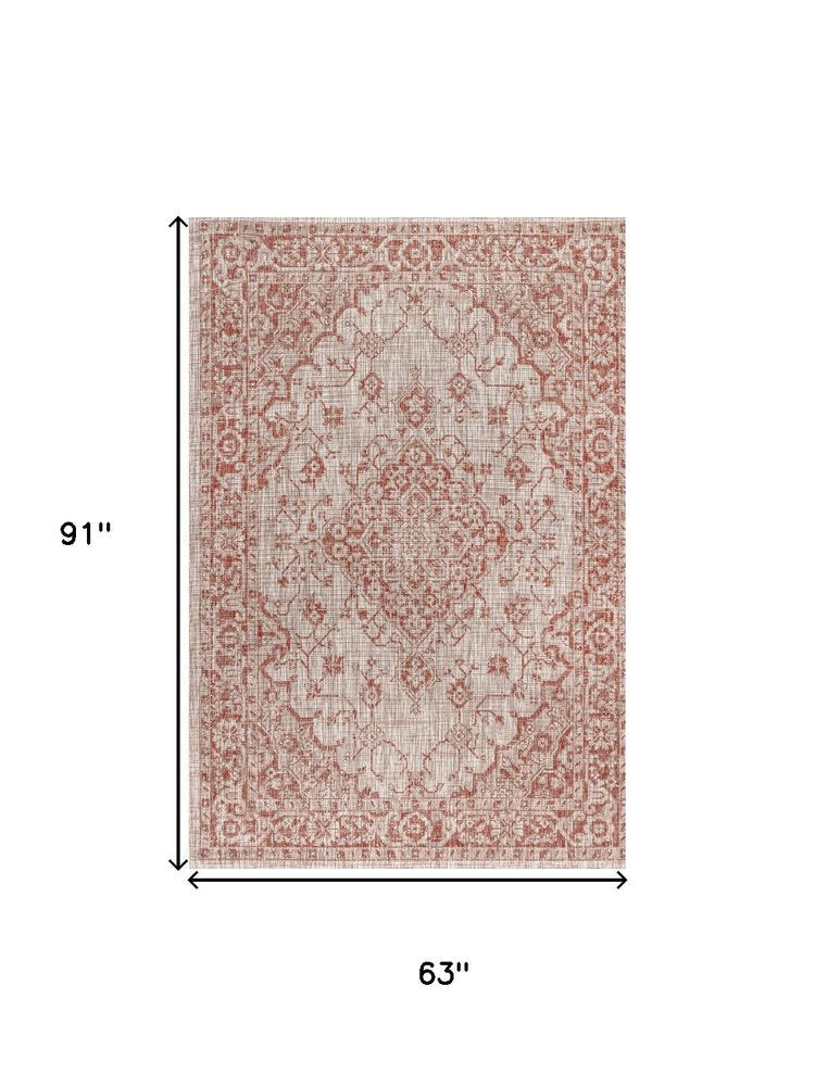 5' X 8' Red And Taupe Medallion Indoor Outdoor Area Rug HomeRoots