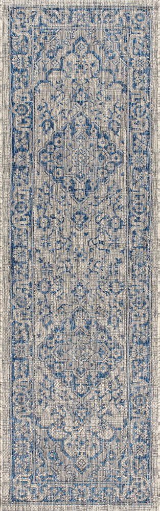 8' Gray And Navy Blue Medallion Indoor Outdoor Runner Rug HomeRoots