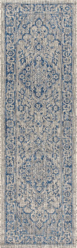 8' Gray And Navy Blue Medallion Indoor Outdoor Runner Rug HomeRoots