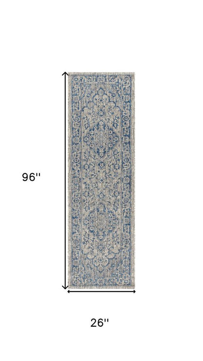 8' Gray And Navy Blue Medallion Indoor Outdoor Runner Rug HomeRoots