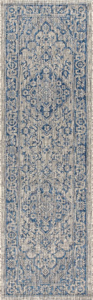 8' Gray And Navy Blue Medallion Indoor Outdoor Runner Rug HomeRoots