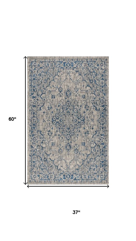 3' X 5' Gray And Navy Blue Medallion Indoor Outdoor Area Rug HomeRoots