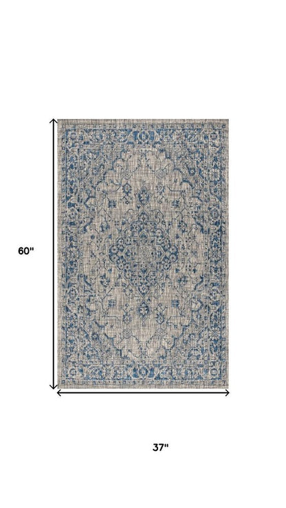 3' X 5' Gray And Navy Blue Medallion Indoor Outdoor Area Rug HomeRoots