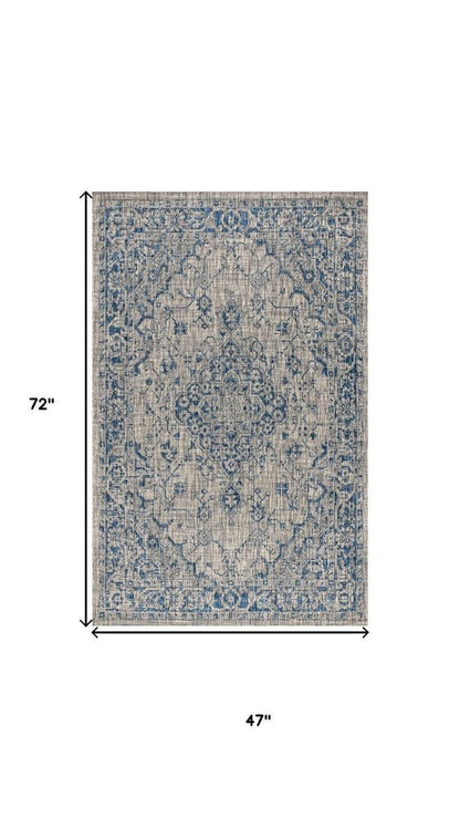 4' X 6' Gray And Navy Blue Medallion Indoor Outdoor Area Rug HomeRoots