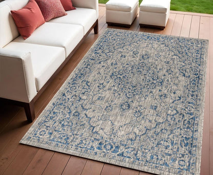 4' X 6' Gray And Navy Blue Medallion Indoor Outdoor Area Rug HomeRoots
