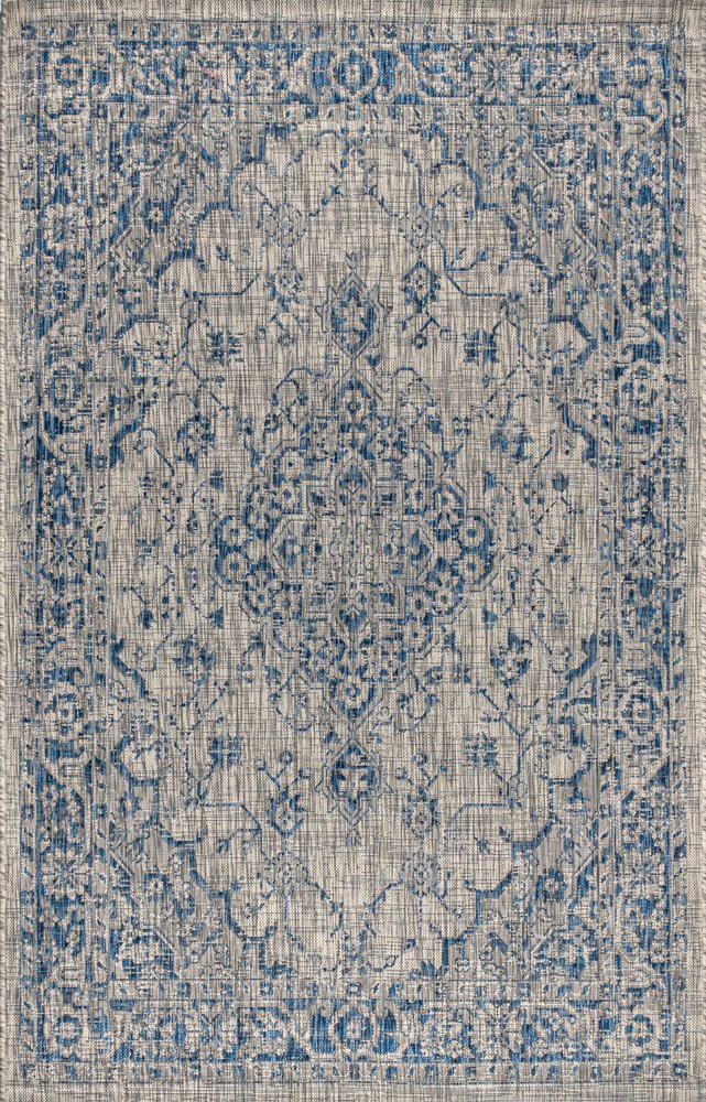 5' X 8' Gray And Navy Blue Medallion Indoor Outdoor Area Rug HomeRoots