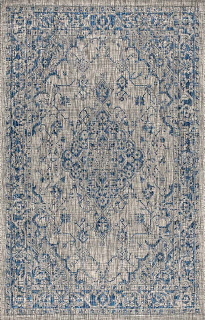 5' X 8' Gray And Navy Blue Medallion Indoor Outdoor Area Rug HomeRoots