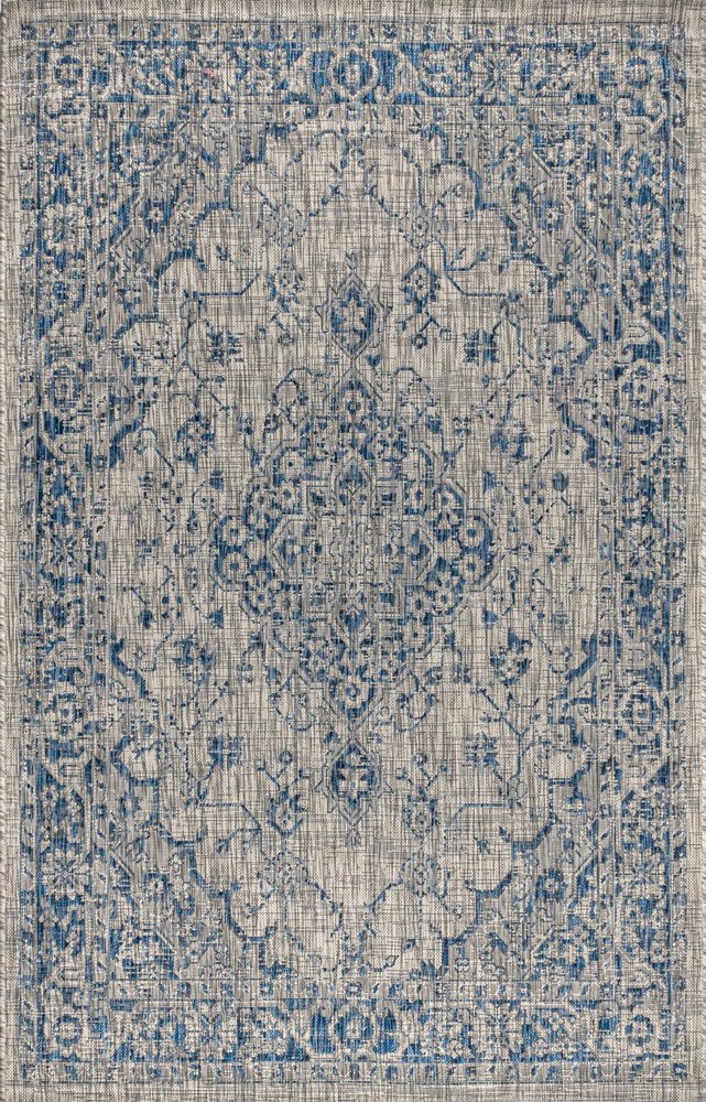 5' X 8' Gray And Navy Blue Medallion Indoor Outdoor Area Rug HomeRoots