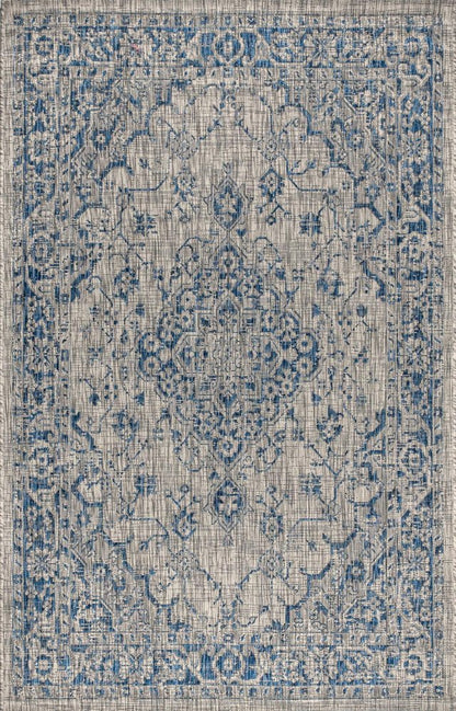 5' X 8' Gray And Navy Blue Medallion Indoor Outdoor Area Rug HomeRoots
