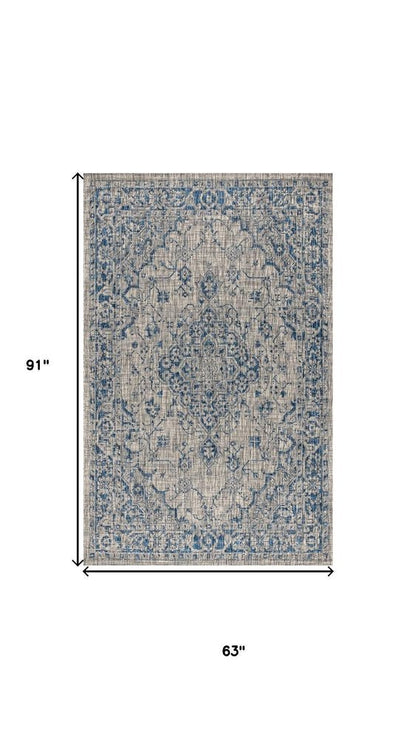 5' X 8' Gray And Navy Blue Medallion Indoor Outdoor Area Rug HomeRoots