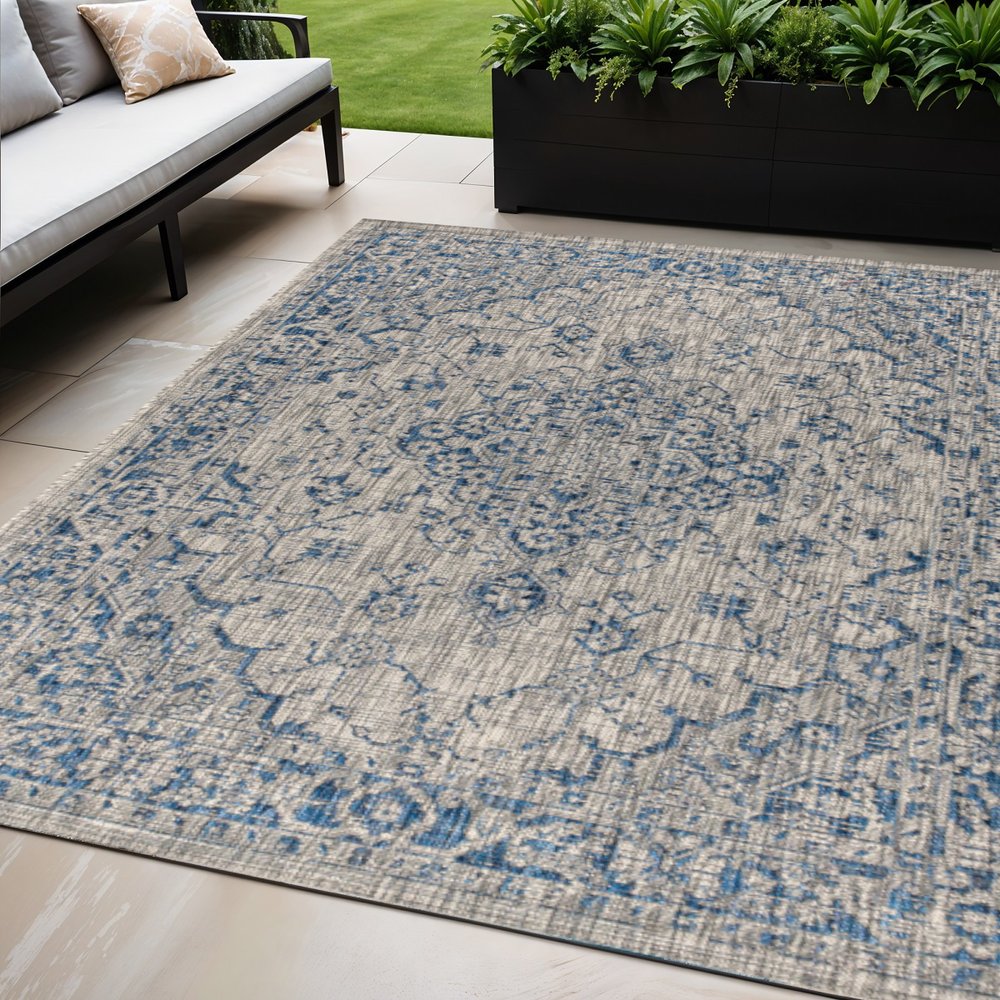 5' X 8' Gray And Navy Blue Medallion Indoor Outdoor Area Rug HomeRoots
