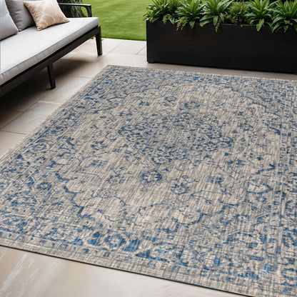 5' X 8' Gray And Navy Blue Medallion Indoor Outdoor Area Rug HomeRoots