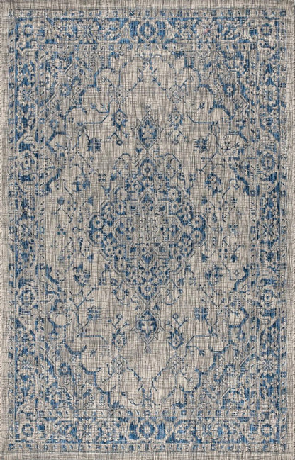 5' X 8' Gray And Navy Blue Medallion Indoor Outdoor Area Rug HomeRoots
