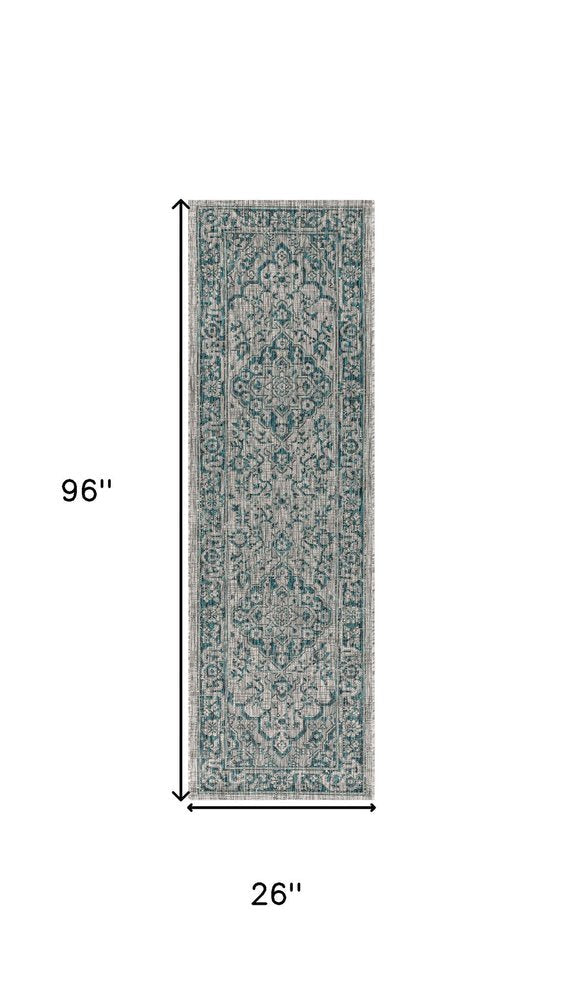 8' Gray And Teal Blue Medallion Indoor Outdoor Runner Rug HomeRoots