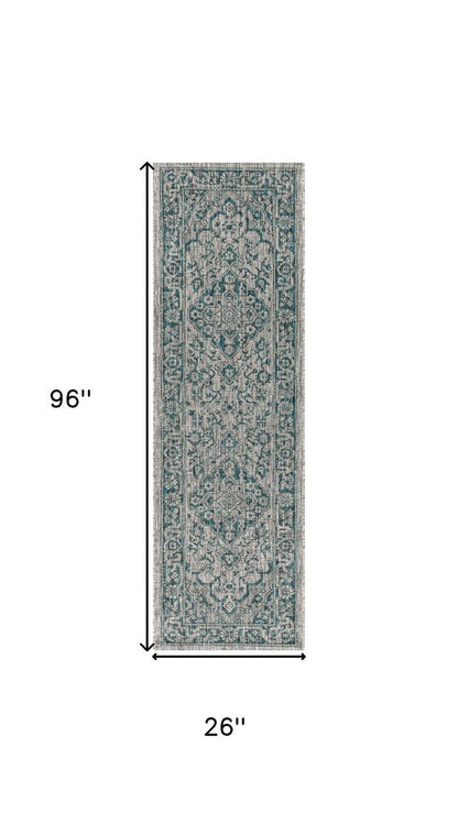 8' Gray And Teal Blue Medallion Indoor Outdoor Runner Rug HomeRoots