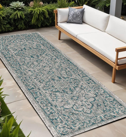 8' Gray And Teal Blue Medallion Indoor Outdoor Runner Rug HomeRoots