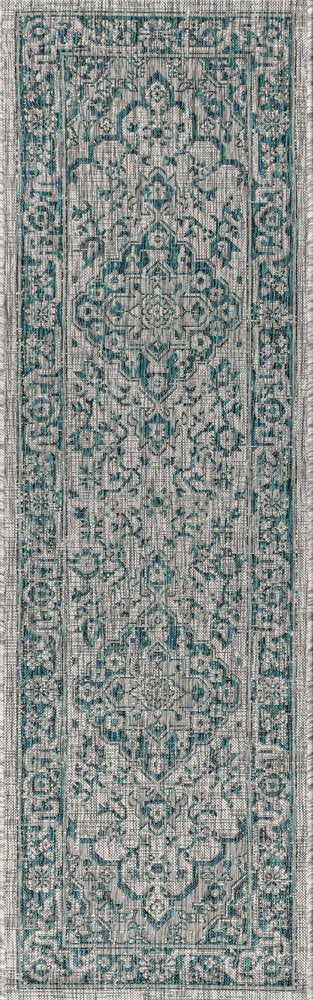 8' Gray And Teal Blue Medallion Indoor Outdoor Runner Rug HomeRoots