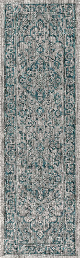 8' Gray And Teal Blue Medallion Indoor Outdoor Runner Rug HomeRoots